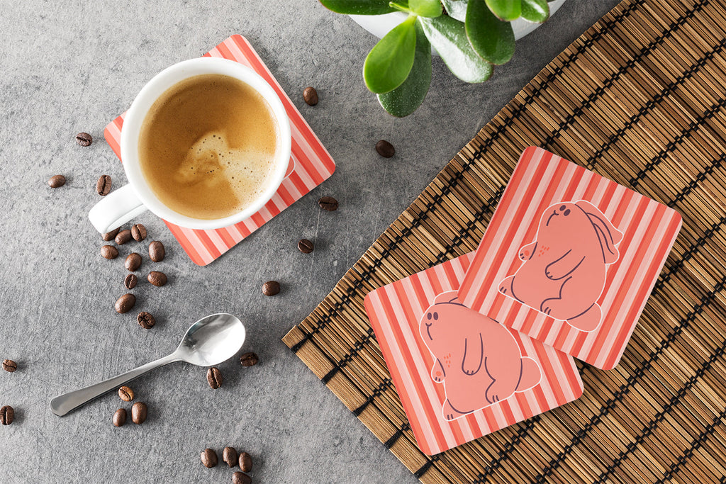 Rabbit on Pink Stripes Foam Coasters Set of 4 Cup Coasters for Indoor Outdoor, Tabletop Protection, Anti Slip, Mouse pad Material