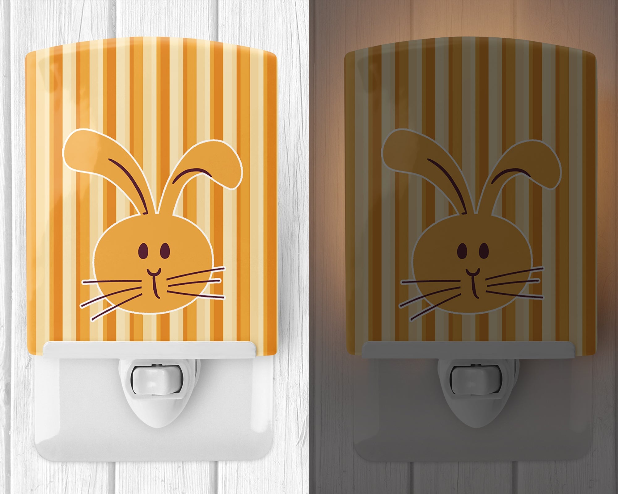 Rabbit on Stripes Ceramic Night Light Compact, UL-Certified, Ideal for Bedroom, Bathroom, Nursery, Hallway, Kitchen, 6x4x3, Multicolor