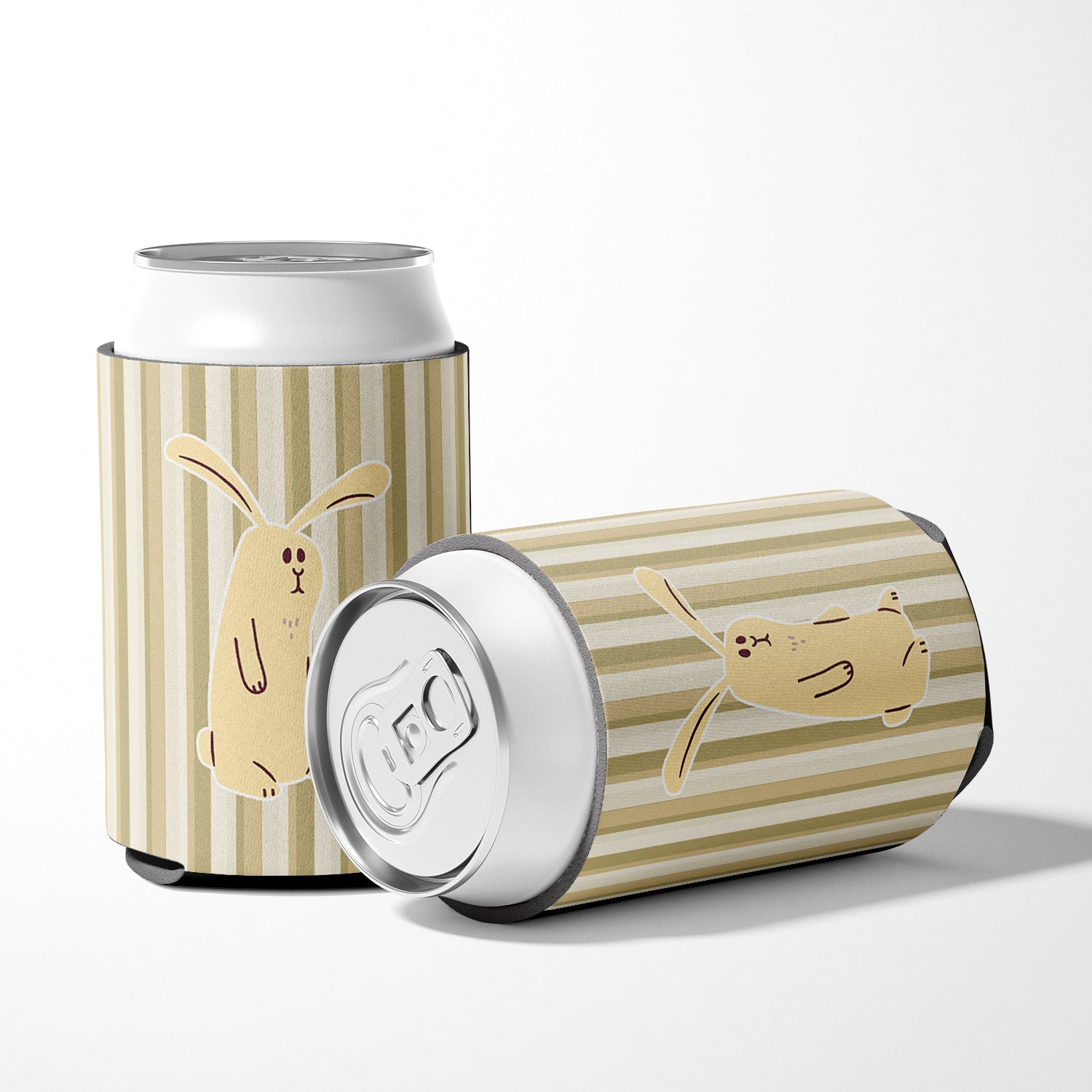 Rabbit on Stripes Can or Bottle Hugger Cooler Sleeve for Standard 12 oz Cans, Insulated Foam Beer & Soda Can Hugger Reusable