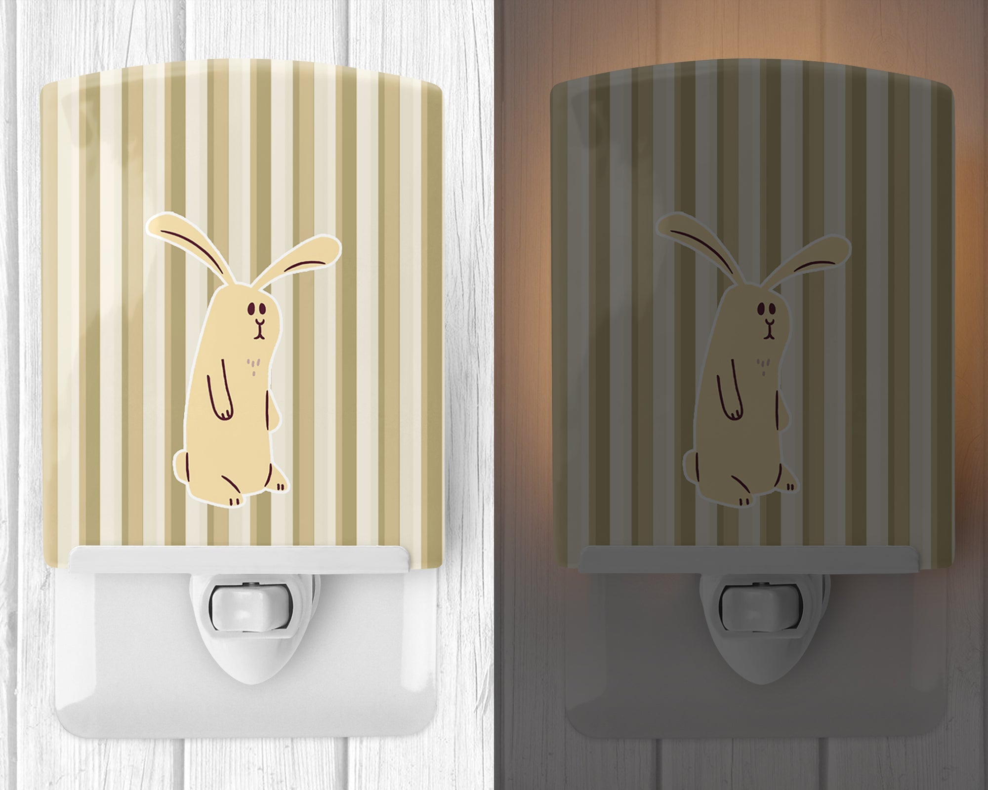 Rabbit on Stripes Ceramic Night Light Compact, UL-Certified, Ideal for Bedroom, Bathroom, Nursery, Hallway, Kitchen, 6x4x3, Multicolor