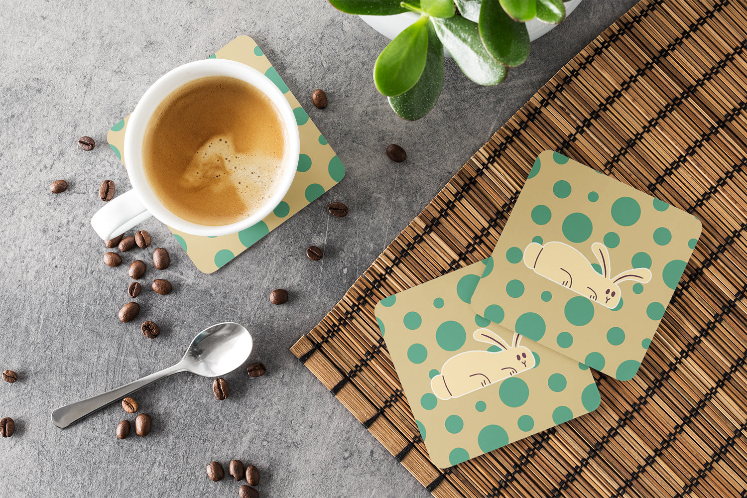 Rabbit on Polkadots Foam Coasters Set of 4 Cup Coasters for Indoor Outdoor, Tabletop Protection, Anti Slip, Mouse pad Material