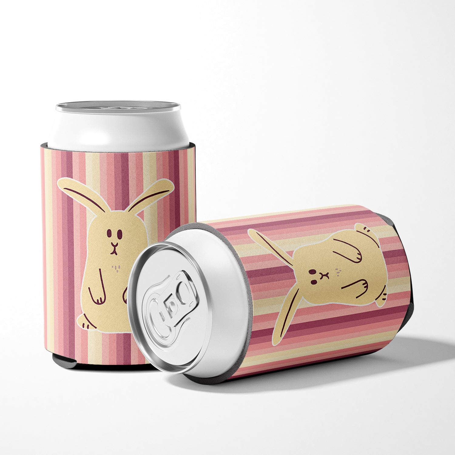 Rabbit on Stripes Can or Bottle Hugger Cooler Sleeve for Standard 12 oz Cans, Insulated Foam Beer & Soda Can Hugger Reusable