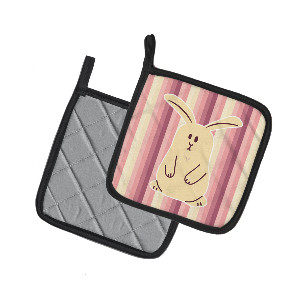 Rabbit on Stripes Pot Holder Set of 2 Heat Resistant Quilted Hot Pads 7.5 x 7.5 Inch, Insulated Kitchen Trivets for Cooking & Baking