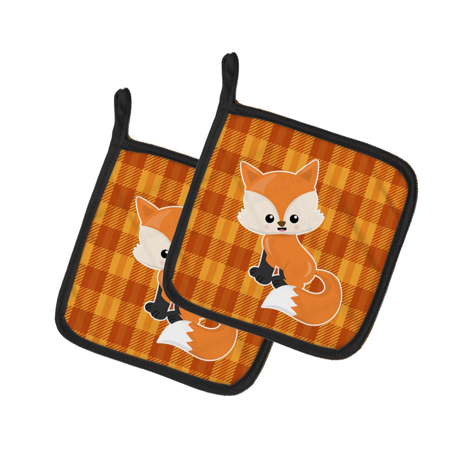 Baby Fox Gingham Pot Holder Set of 2 Heat Resistant Quilted Hot Pads 7.5 x 7.5 Inch, Insulated Kitchen Trivets for Cooking & Baking