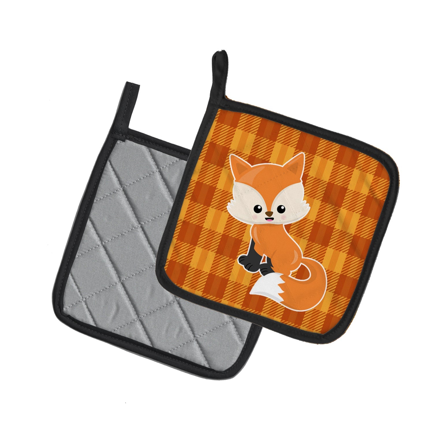 Baby Fox Gingham Pot Holder Set of 2 Heat Resistant Quilted Hot Pads 7.5 x 7.5 Inch, Insulated Kitchen Trivets for Cooking & Baking
