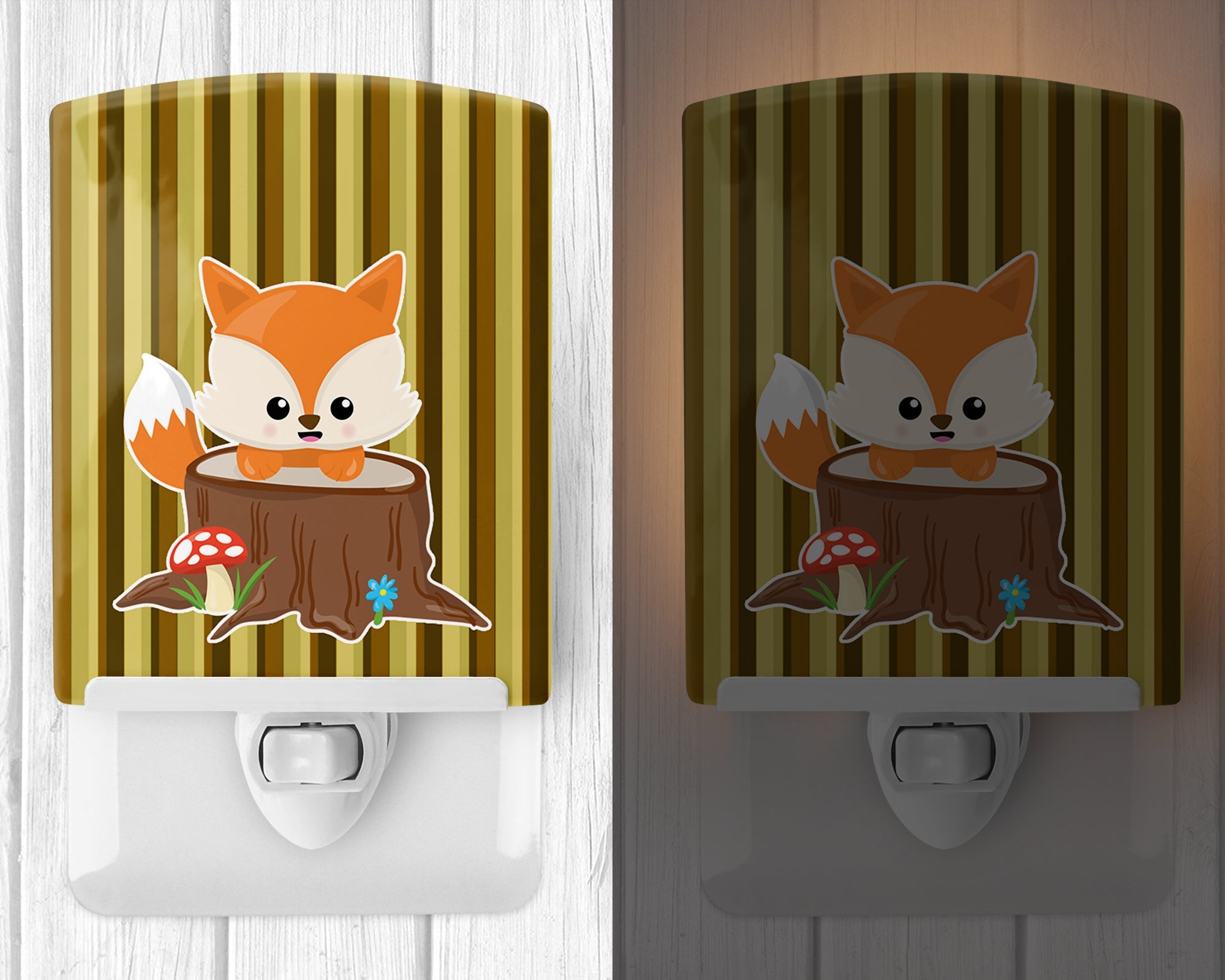Baby Fox Tree Stripes Ceramic Night Light Compact, UL-Certified, Ideal for Bedroom, Bathroom, Nursery, Hallway, Kitchen, 6x4x3, Multicolor