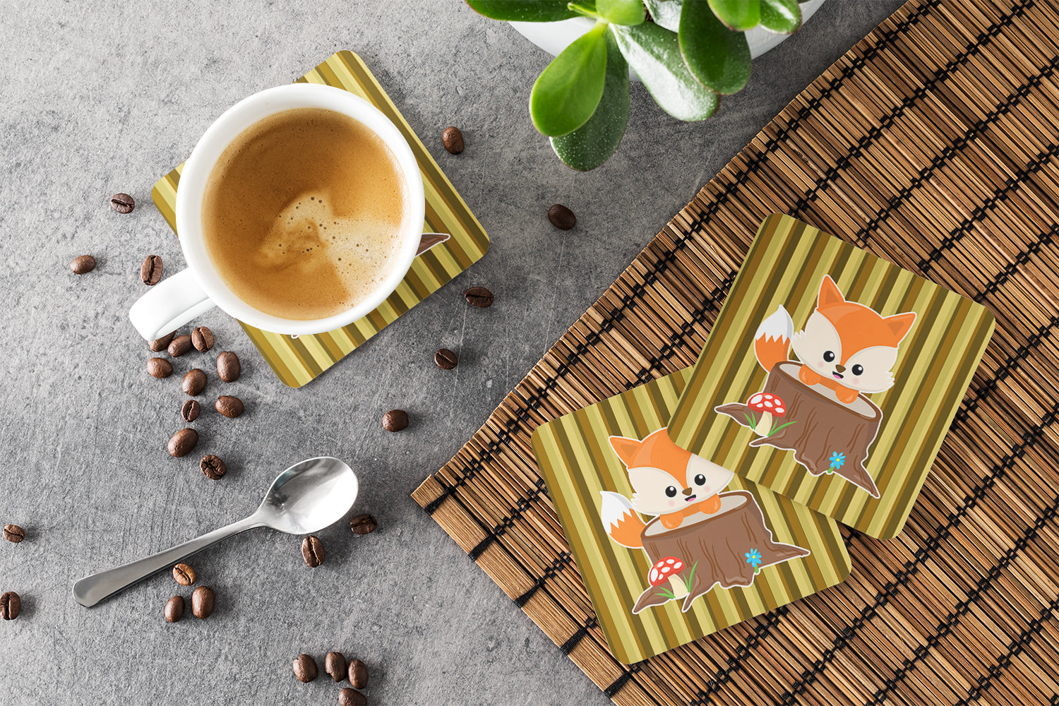 Baby Fox Tree Stripes Foam Coasters Set of 4 Cup Coasters for Indoor Outdoor, Tabletop Protection, Anti Slip, Mouse pad Material