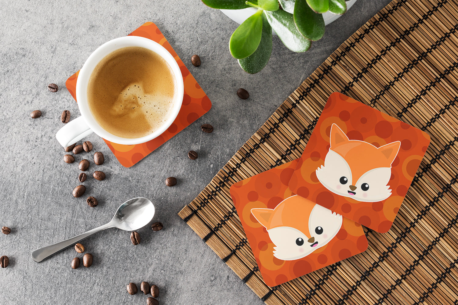 Baby Fox Face Polkadots Foam Coasters Set of 4 Cup Coasters for Indoor Outdoor, Tabletop Protection, Anti Slip, Mouse pad Material