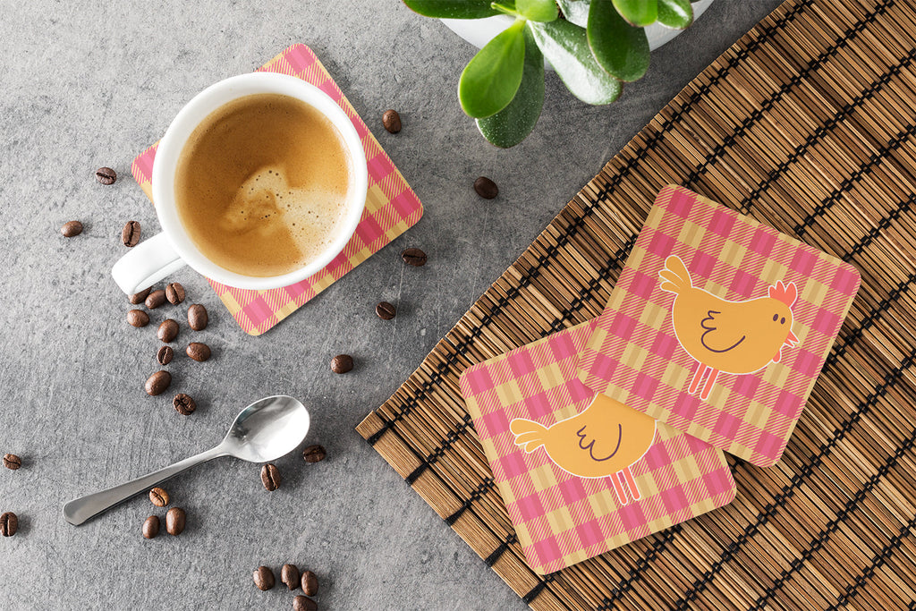 Chicken Hen on Gingham Foam Coasters Set of 4 Cup Coasters for Indoor Outdoor, Tabletop Protection, Anti Slip, Mouse pad Material