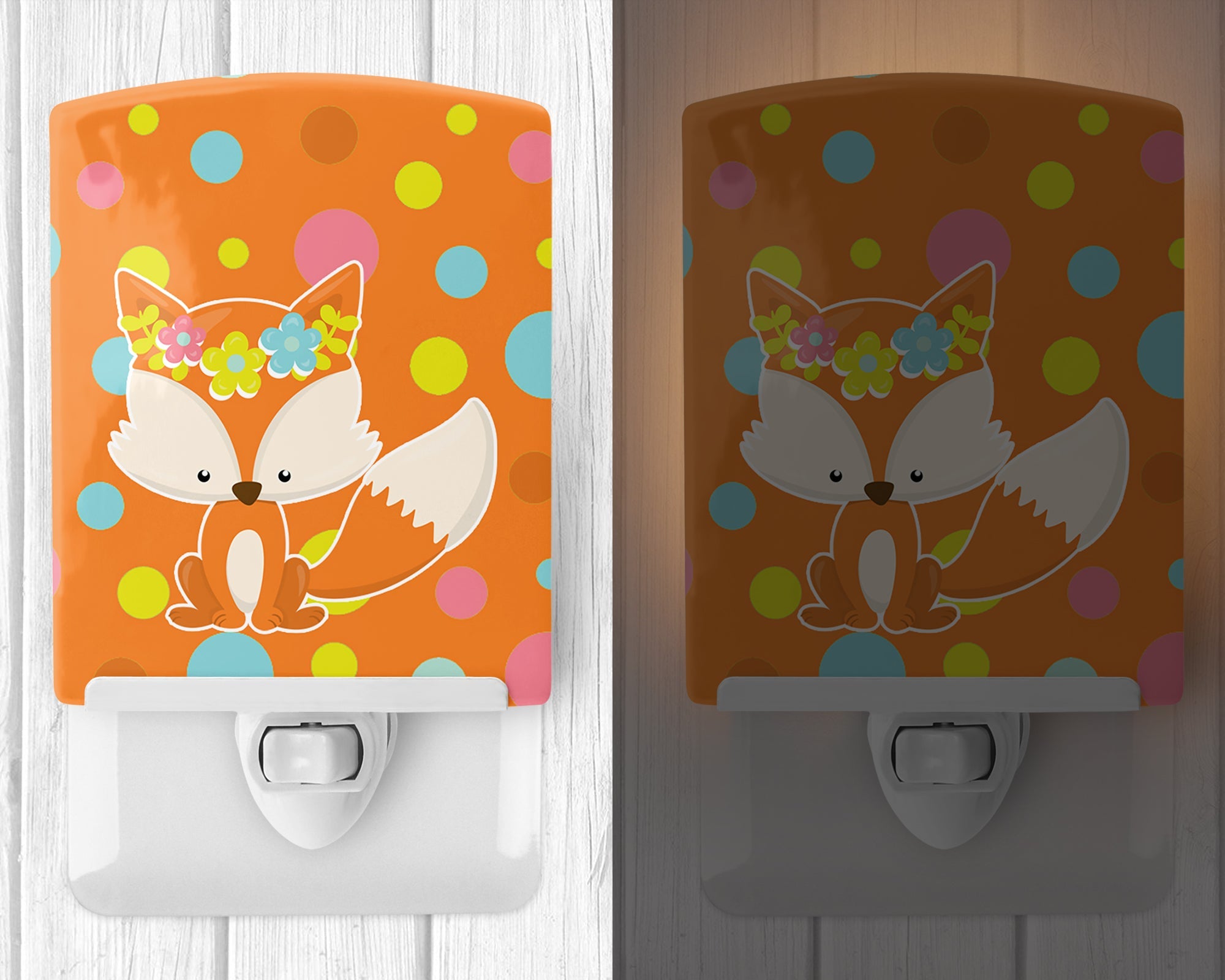 Baby Fox Flowerchild Polkadots Ceramic Night Light Compact, UL-Certified, Ideal for Bedroom, Bathroom, Nursery, Hallway, Kitchen, 6x4x3, Multicolor