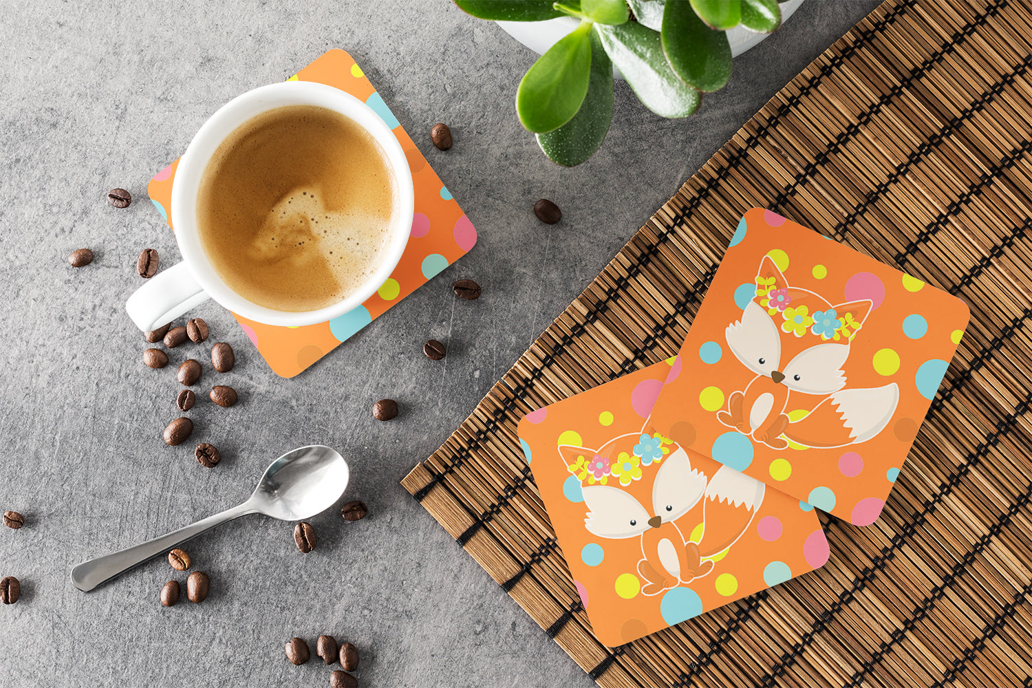 Baby Fox Flowerchild Polkadots Foam Coasters Set of 4 Cup Coasters for Indoor Outdoor, Tabletop Protection, Anti Slip, Mouse pad Material