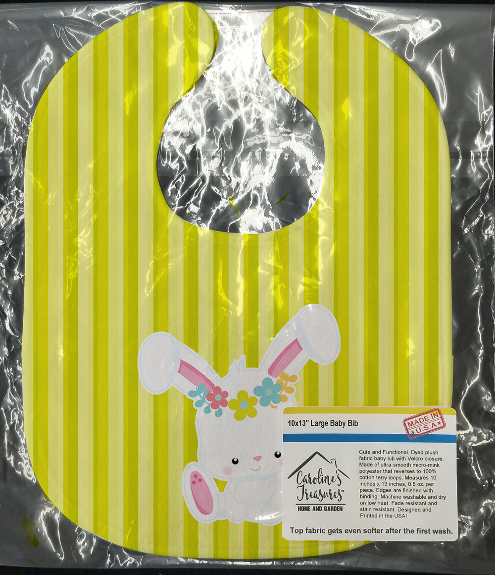 Easter White Rabbit with Flowers Baby Bib Easy-Clean Baby Bib Baby Feeding Accessory Baby Mealtime Essential, 10 x 13, Multicolor