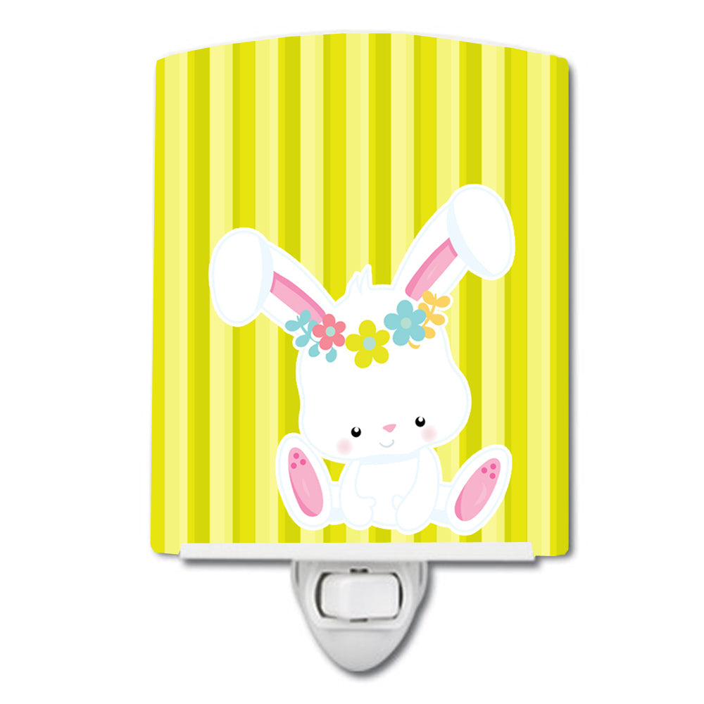 Easter White Rabbit with Flowers Ceramic Night Light Compact, UL-Certified, Ideal for Bedroom, Bathroom, Nursery, Hallway, Kitchen, 6x4x3, Multicolor