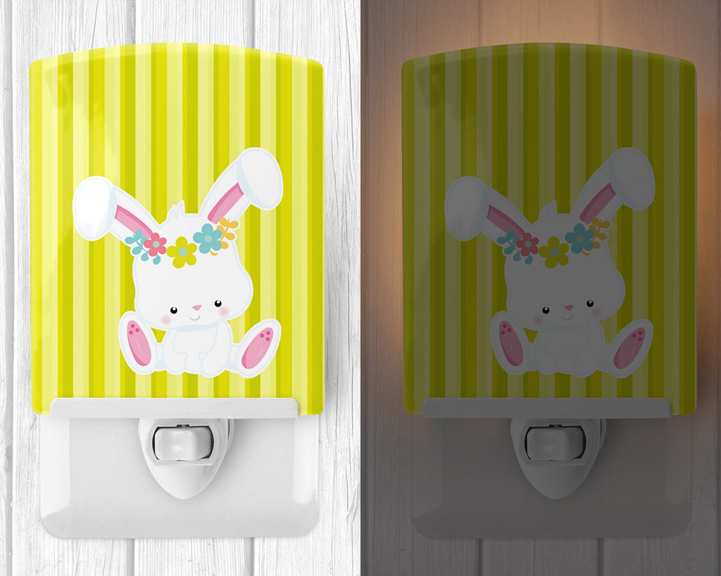 Easter White Rabbit with Flowers Ceramic Night Light Compact, UL-Certified, Ideal for Bedroom, Bathroom, Nursery, Hallway, Kitchen, 6x4x3, Multicolor