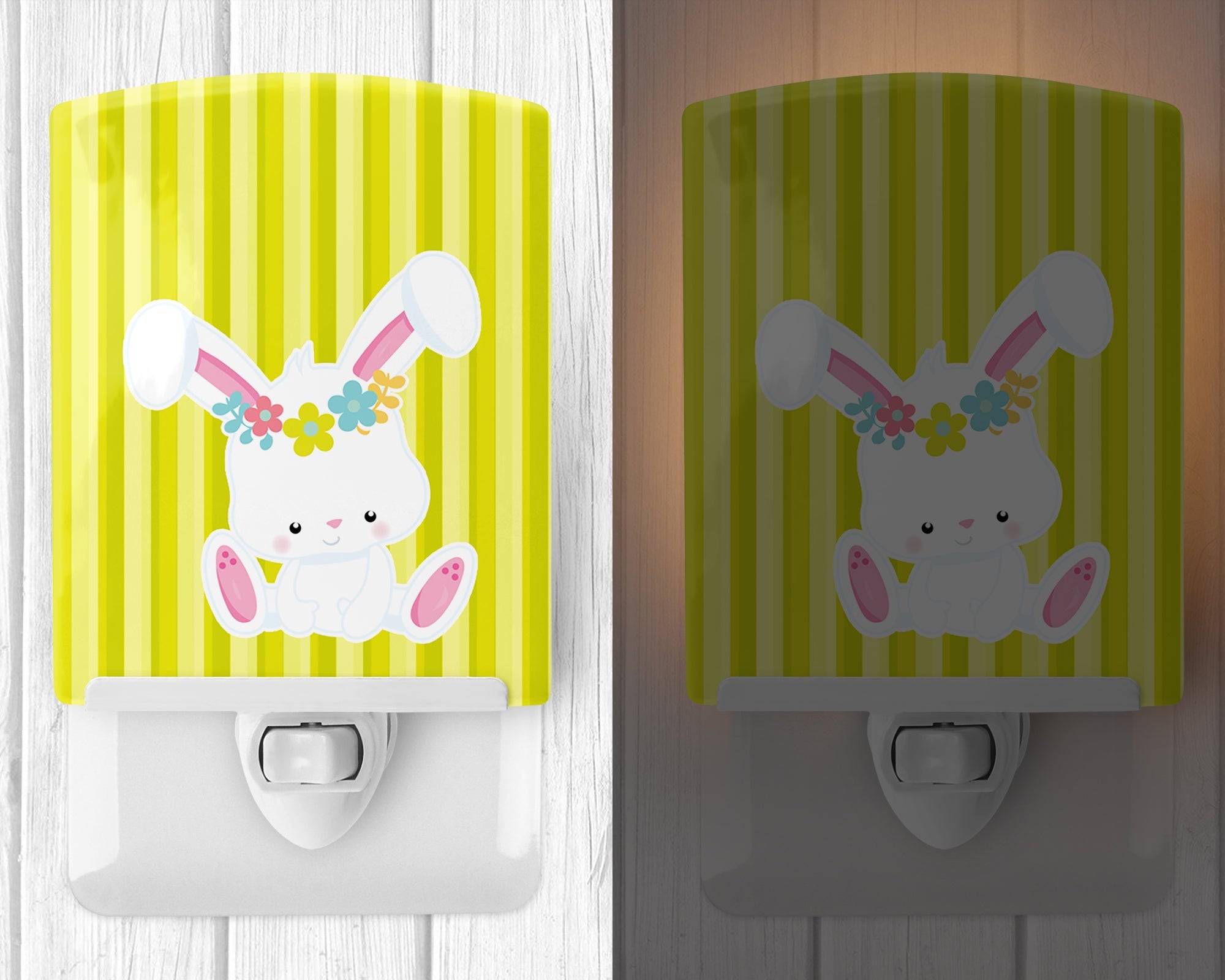 Easter White Rabbit with Flowers Ceramic Night Light Compact, UL-Certified, Ideal for Bedroom, Bathroom, Nursery, Hallway, Kitchen, 6x4x3, Multicolor