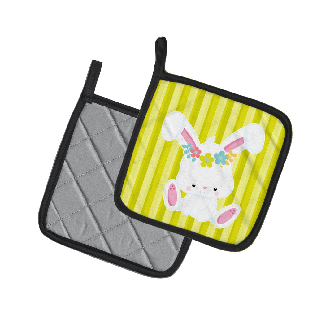 Easter White Rabbit with Flowers Pot Holder Set of 2 Heat Resistant Quilted Hot Pads 7.5 x 7.5 Inch, Insulated Kitchen Trivets for Cooking & Baking