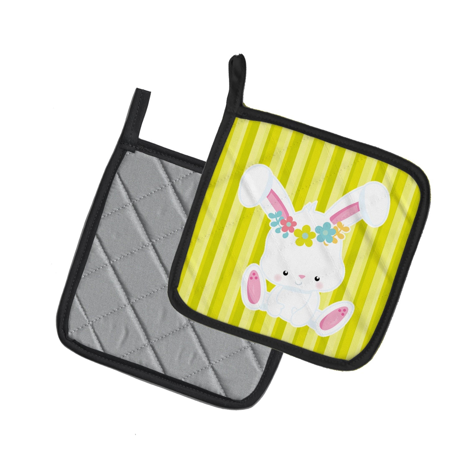Easter White Rabbit with Flowers Pot Holder Set of 2 Heat Resistant Quilted Hot Pads 7.5 x 7.5 Inch, Insulated Kitchen Trivets for Cooking & Baking