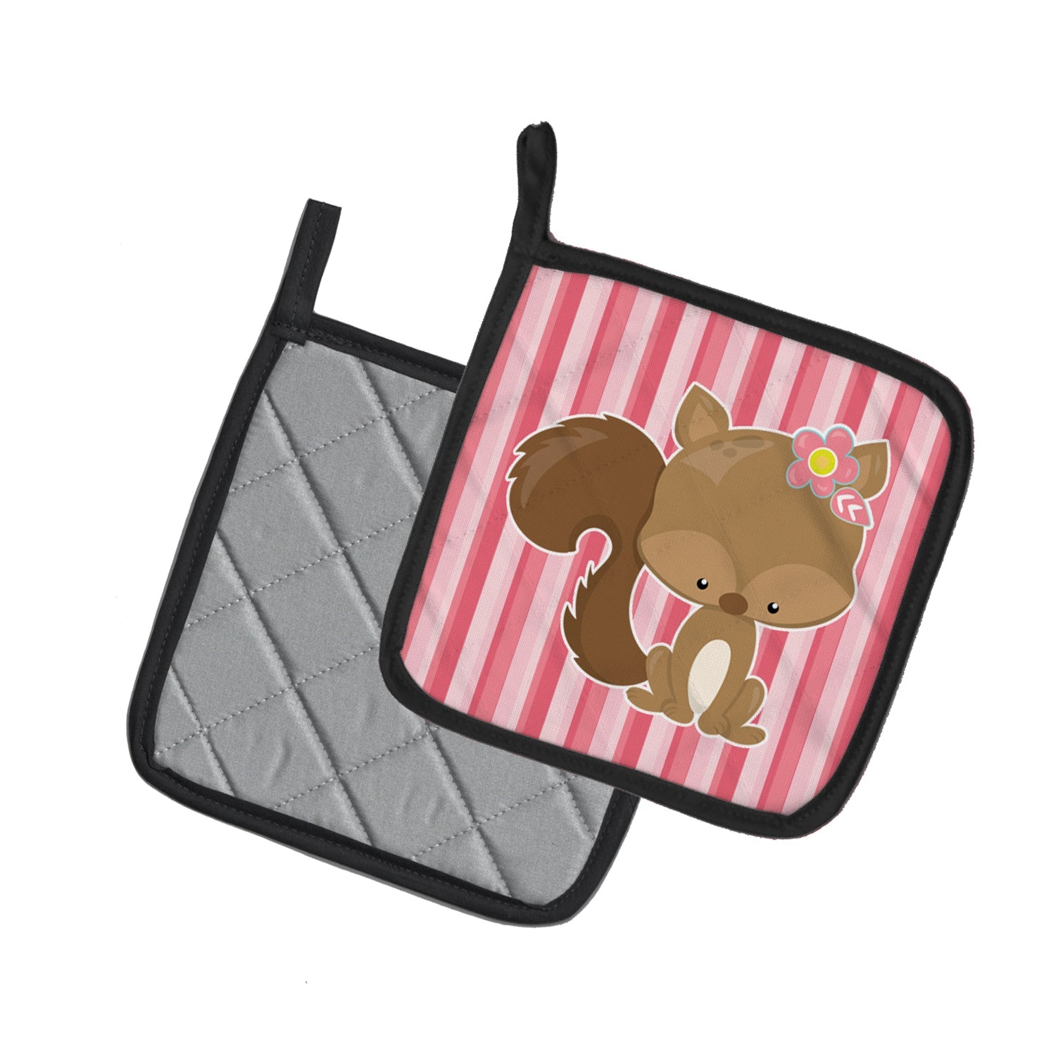 Squirrel with Flowers Pot Holder Set of 2 Heat Resistant Quilted Hot Pads 7.5 x 7.5 Inch, Insulated Kitchen Trivets for Cooking & Baking