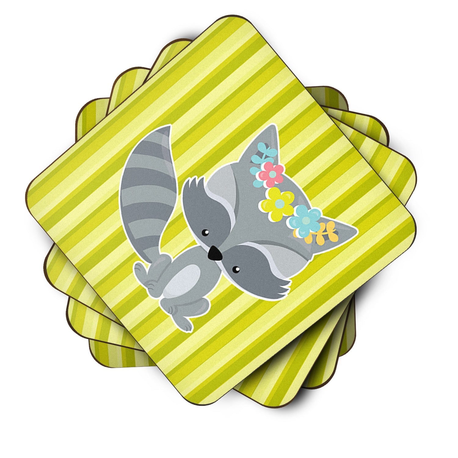 Raccoon with Flowers Foam Coasters Set of 4 Cup Coasters for Indoor Outdoor, Tabletop Protection, Anti Slip, Mouse pad Material