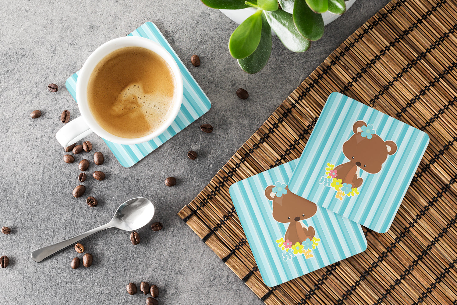 Bear with Flowers Foam Coasters Set of 4 Cup Coasters for Indoor Outdoor, Tabletop Protection, Anti Slip, Mouse pad Material
