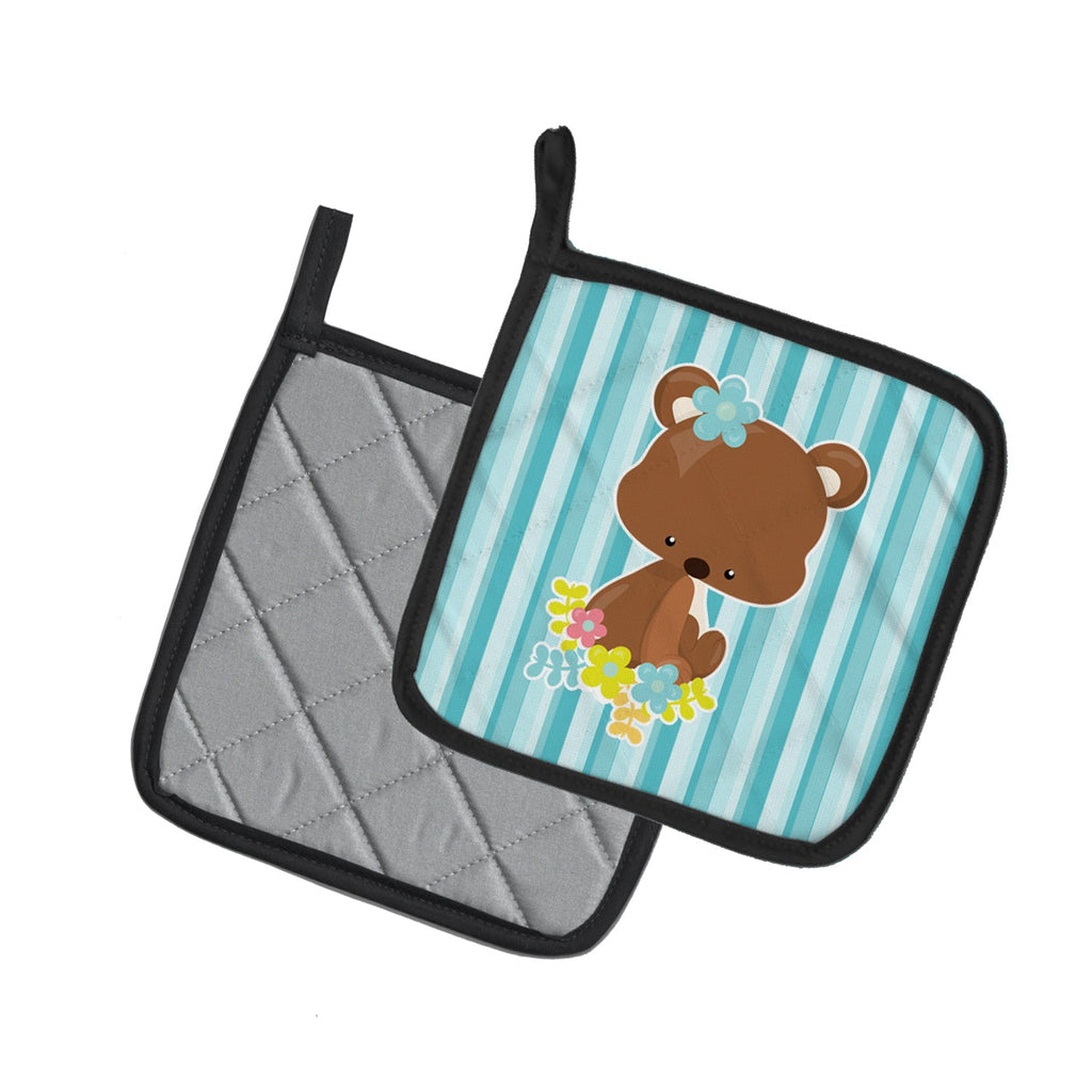 Bear with Flowers Pot Holder Set of 2 Heat Resistant Quilted Hot Pads 7.5 x 7.5 Inch, Insulated Kitchen Trivets for Cooking & Baking