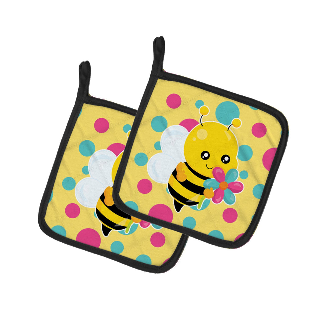 Bee with Flower Pot Holder Set of 2 Heat Resistant Quilted Hot Pads 7.5 x 7.5 Inch, Insulated Kitchen Trivets for Cooking & Baking