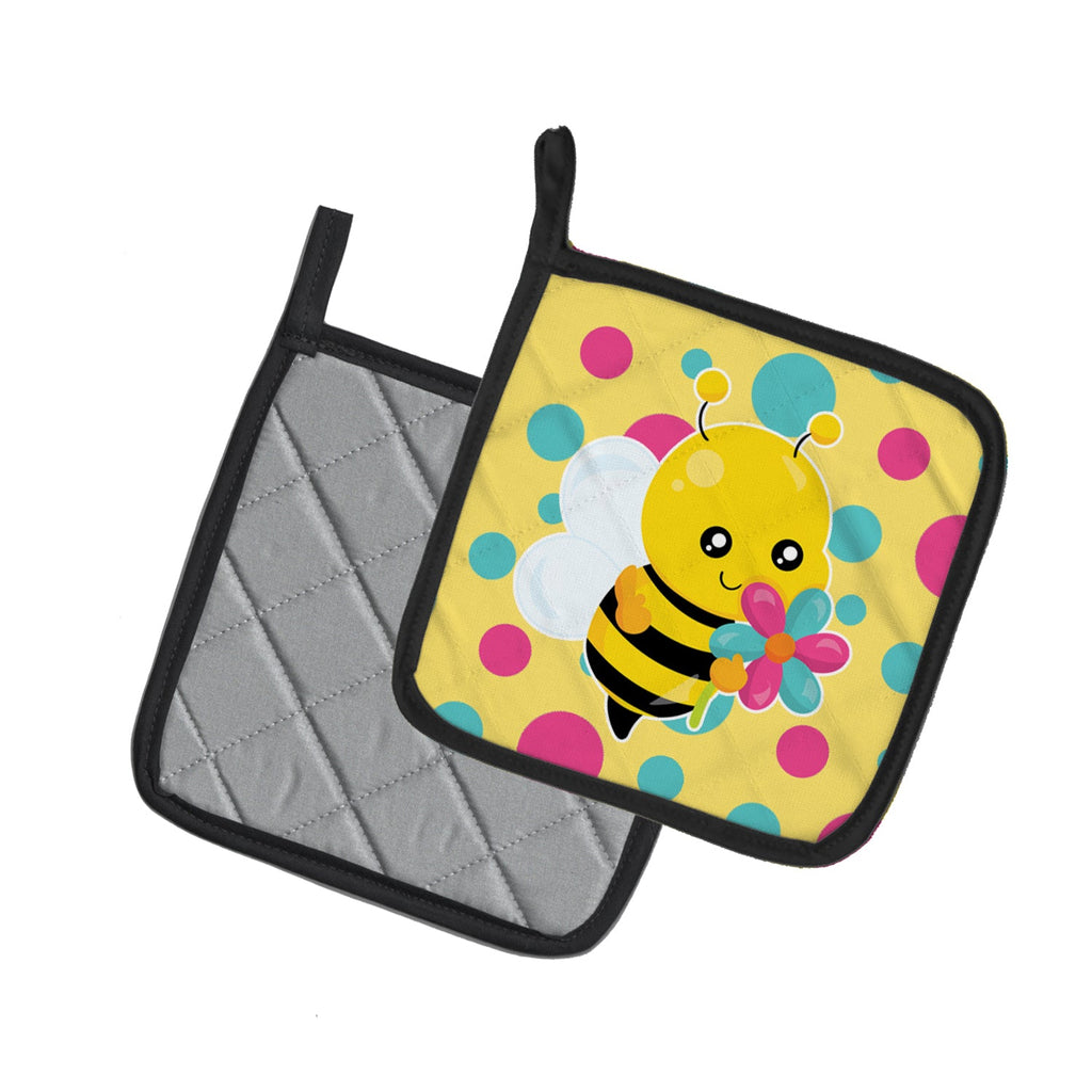 Bee with Flower Pot Holder Set of 2 Heat Resistant Quilted Hot Pads 7.5 x 7.5 Inch, Insulated Kitchen Trivets for Cooking & Baking