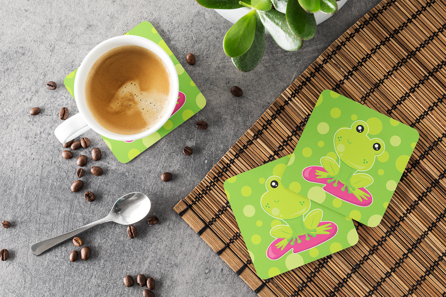 Frog on Lily Pad Green Polkadots Foam Coasters Set of 4 Cup Coasters for Indoor Outdoor, Tabletop Protection, Anti Slip, Mouse pad Material