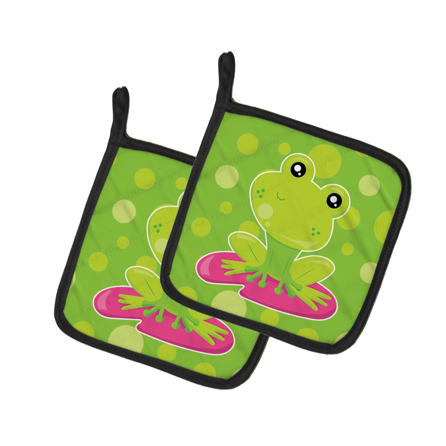 Frog on Lily Pad Green Polkadots Pot Holder Set of 2 Heat Resistant Quilted Hot Pads 7.5 x 7.5 Inch, Insulated Kitchen Trivets for Cooking & Baking
