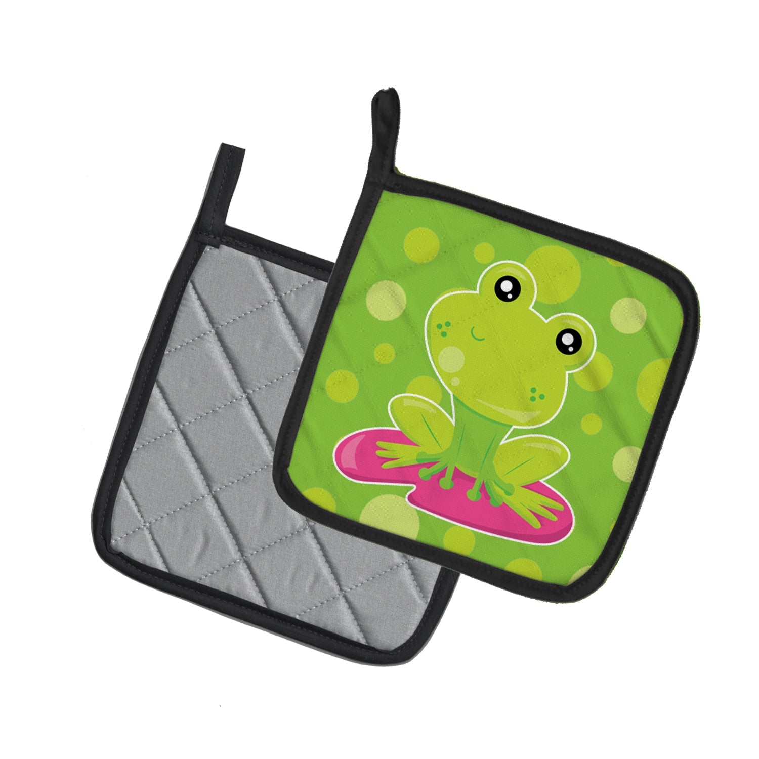 Frog on Lily Pad Green Polkadots Pot Holder Set of 2 Heat Resistant Quilted Hot Pads 7.5 x 7.5 Inch, Insulated Kitchen Trivets for Cooking & Baking