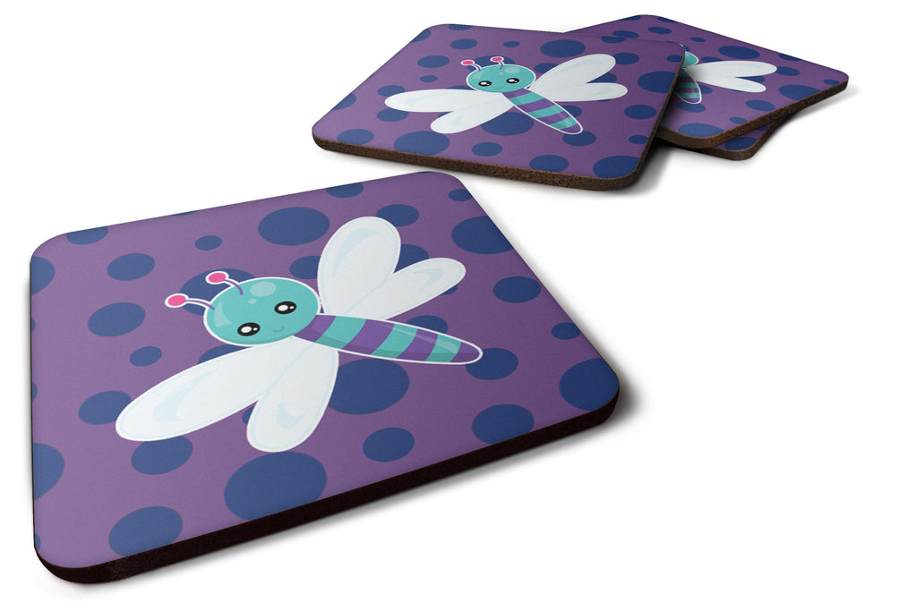 Dragonfly on Purple Polkadots Foam Coasters Set of 4 Cup Coasters for Indoor Outdoor, Tabletop Protection, Anti Slip, Mouse pad Material