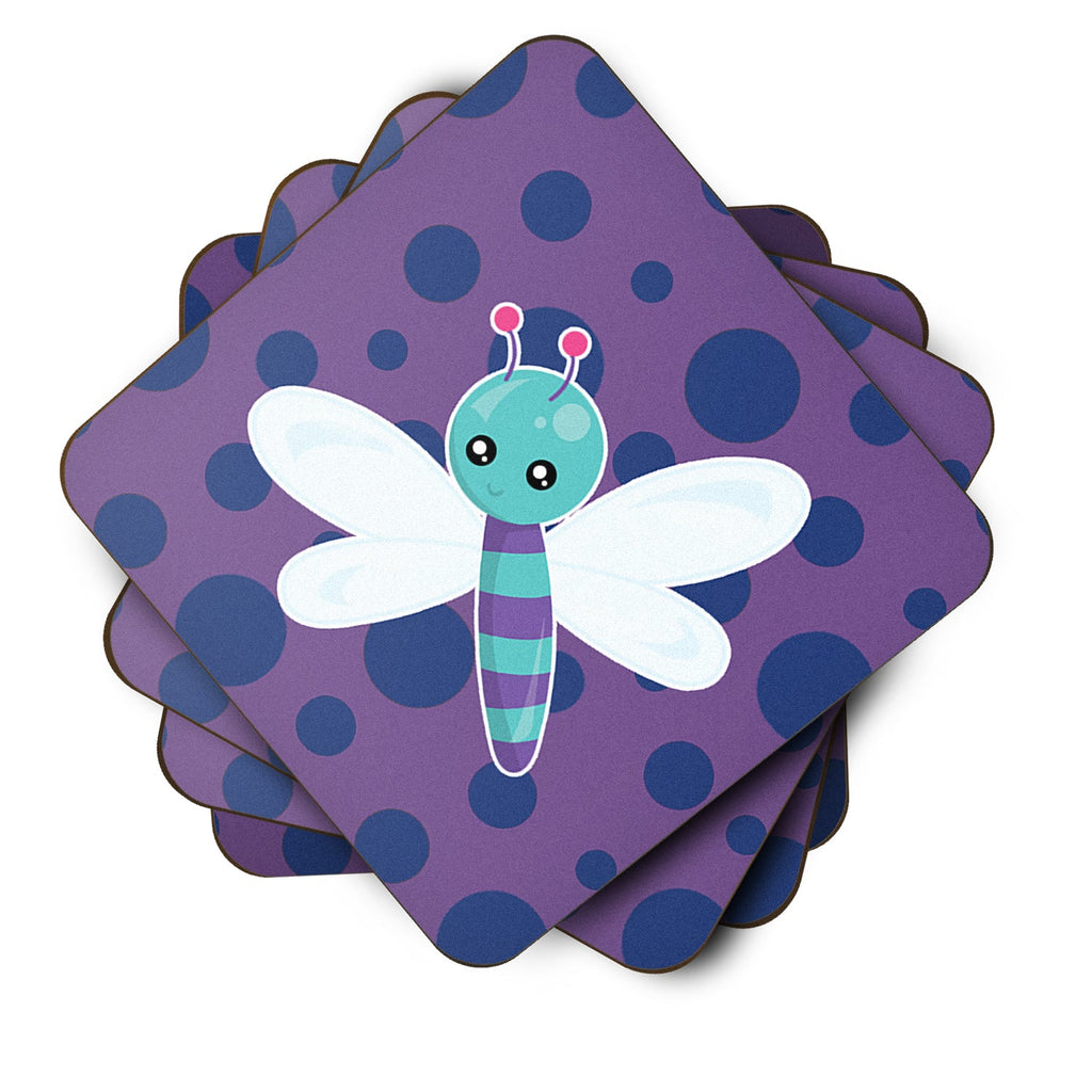Dragonfly on Purple Polkadots Foam Coasters Set of 4 Cup Coasters for Indoor Outdoor, Tabletop Protection, Anti Slip, Mouse pad Material