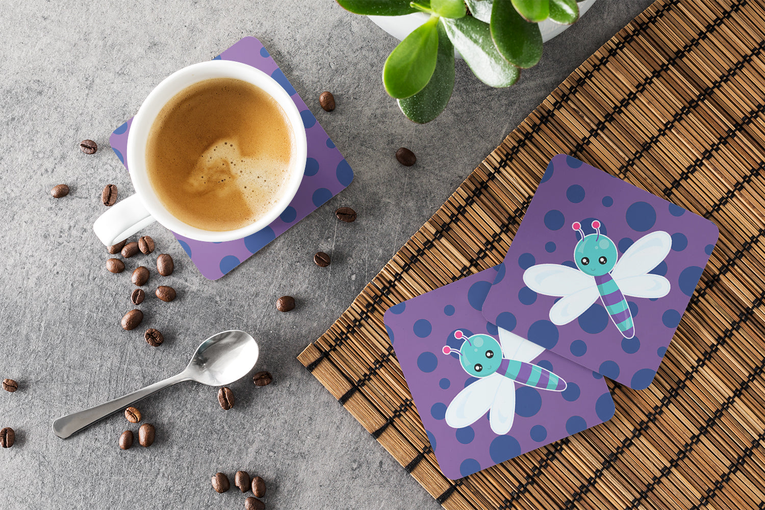 Dragonfly on Purple Polkadots Foam Coasters Set of 4 Cup Coasters for Indoor Outdoor, Tabletop Protection, Anti Slip, Mouse pad Material