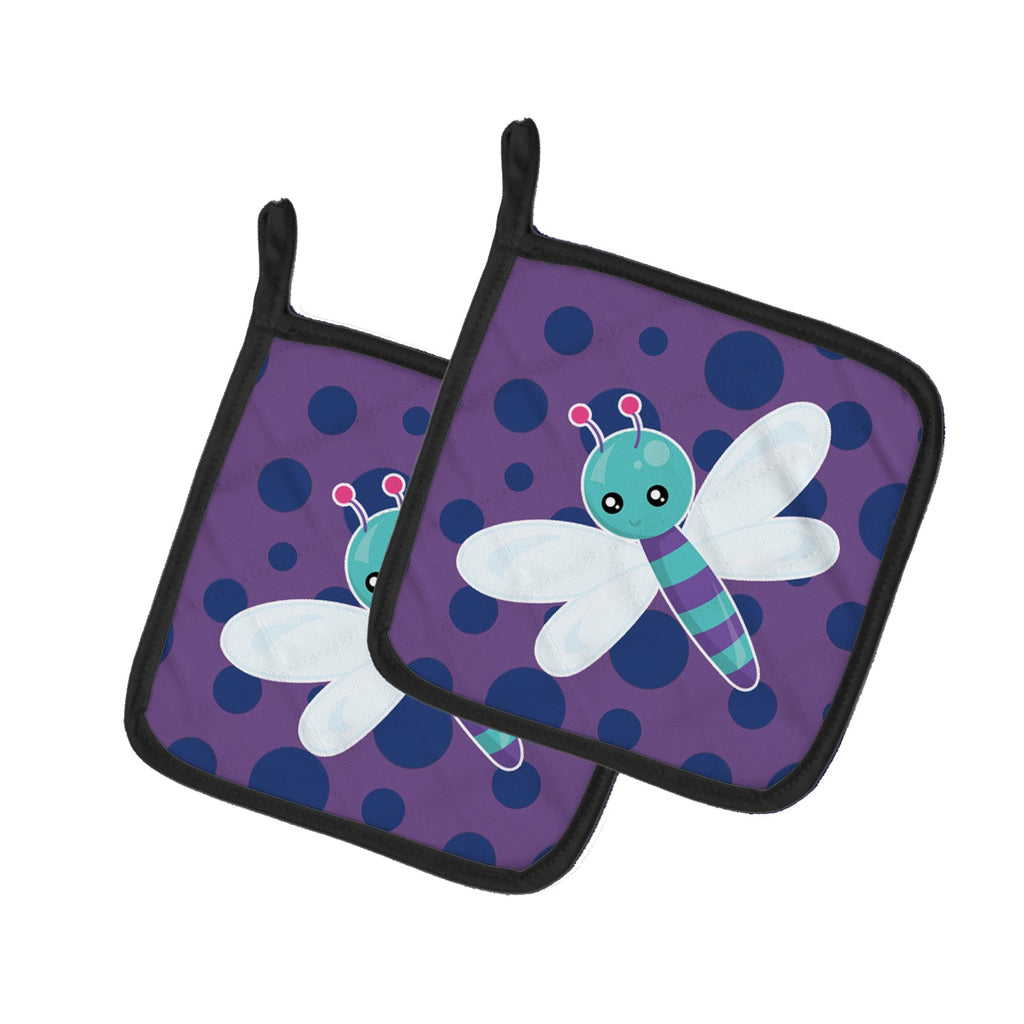 Dragonfly on Purple Polkadots Pot Holder Set of 2 Heat Resistant Quilted Hot Pads 7.5 x 7.5 Inch, Insulated Kitchen Trivets for Cooking & Baking