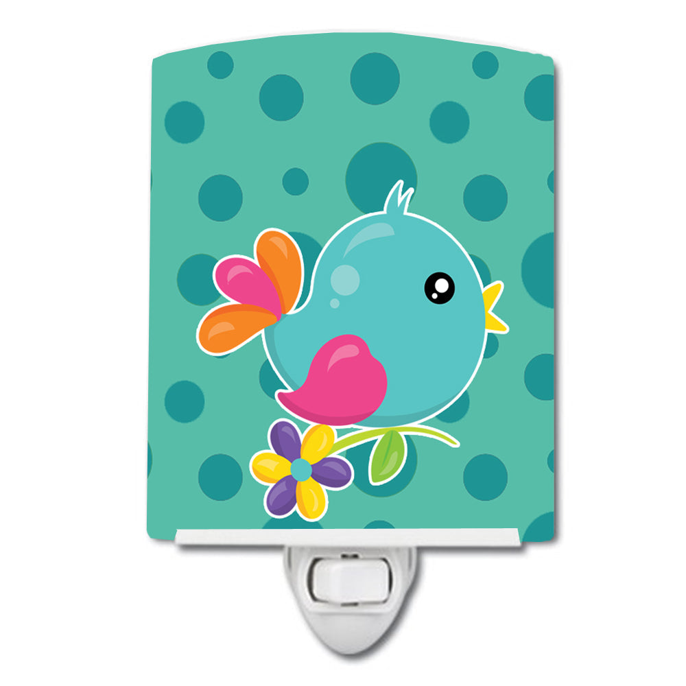Bird on Teal Polkadots Ceramic Night Light Compact, UL-Certified, Ideal for Bedroom, Bathroom, Nursery, Hallway, Kitchen, 6x4x3, Multicolor