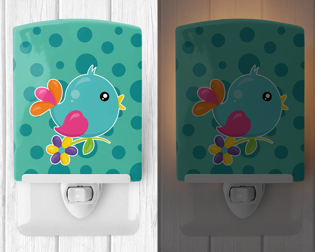 Bird on Teal Polkadots Ceramic Night Light Compact, UL-Certified, Ideal for Bedroom, Bathroom, Nursery, Hallway, Kitchen, 6x4x3, Multicolor