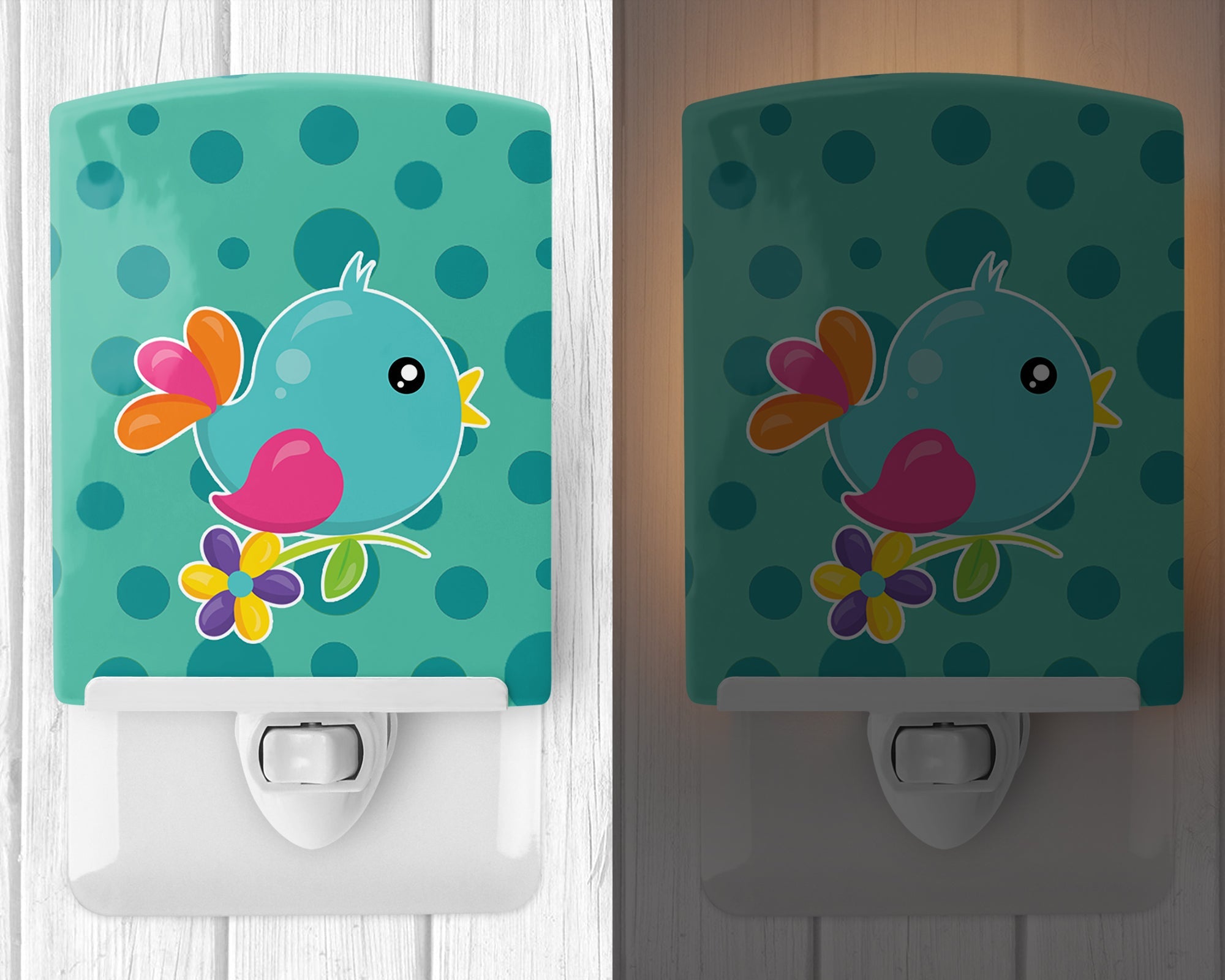 Bird on Teal Polkadots Ceramic Night Light Compact, UL-Certified, Ideal for Bedroom, Bathroom, Nursery, Hallway, Kitchen, 6x4x3, Multicolor