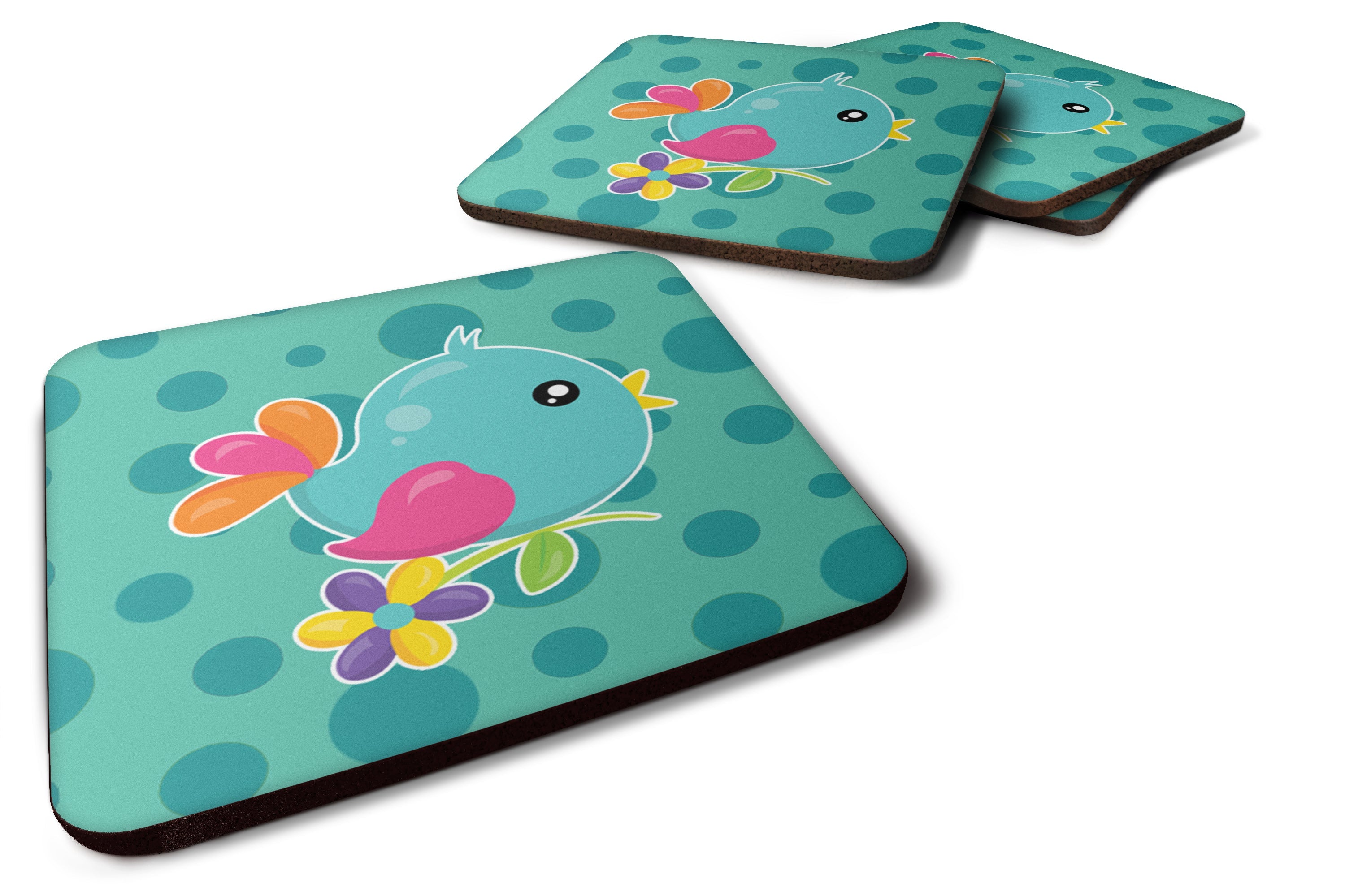 Bird on Teal Polkadots Foam Coasters Set of 4 Cup Coasters for Indoor Outdoor, Tabletop Protection, Anti Slip, Mouse pad Material