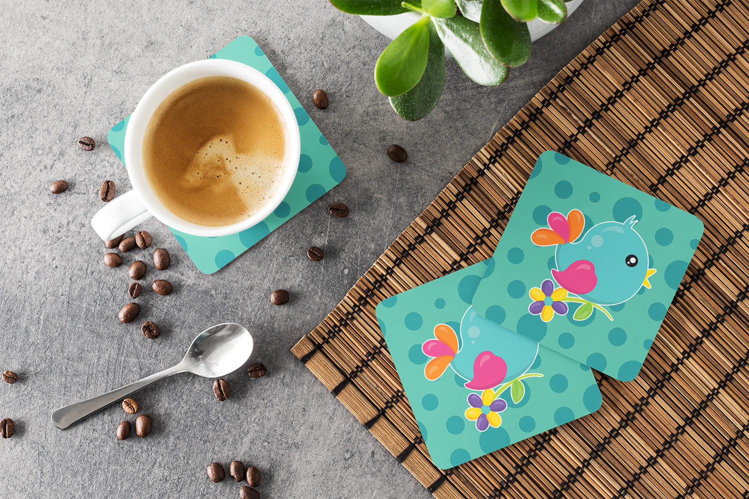 Bird on Teal Polkadots Foam Coasters Set of 4 Cup Coasters for Indoor Outdoor, Tabletop Protection, Anti Slip, Mouse pad Material