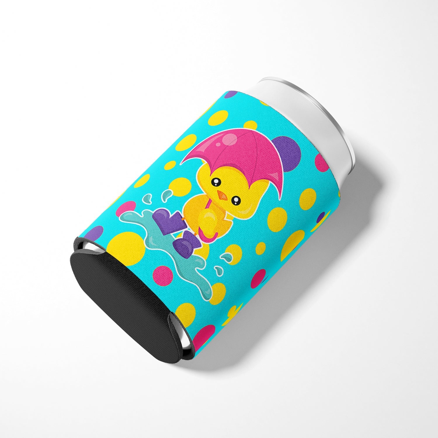 Duck in the Rain on Polkadots Can or Bottle Hugger Cooler Sleeve for Standard 12 oz Cans, Insulated Foam Beer & Soda Can Hugger Reusable