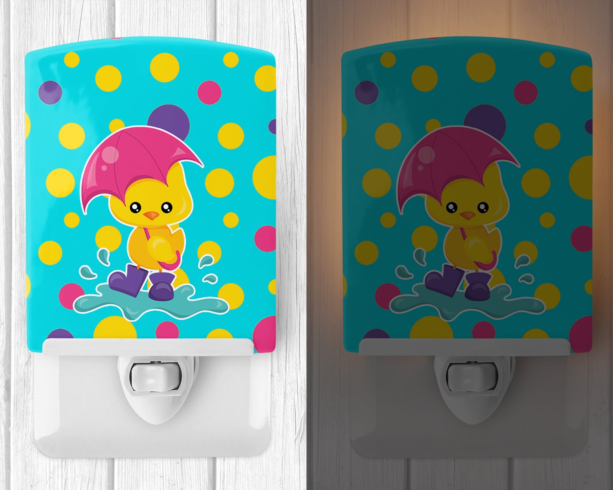 Duck in the Rain on Polkadots Ceramic Night Light Compact, UL-Certified, Ideal for Bedroom, Bathroom, Nursery, Hallway, Kitchen, 6x4x3, Multicolor