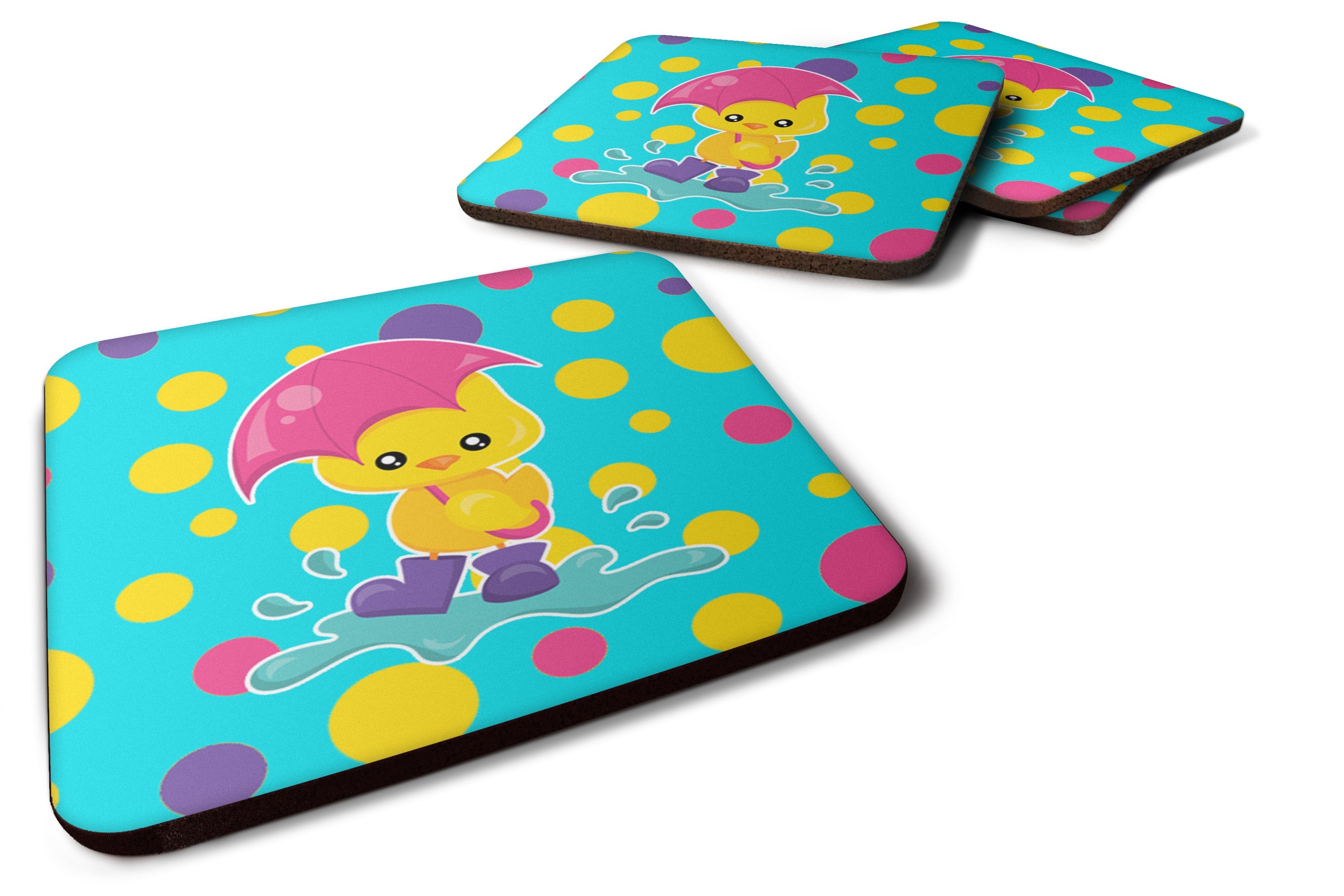 Duck in the Rain on Polkadots Foam Coasters Set of 4 Cup Coasters for Indoor Outdoor, Tabletop Protection, Anti Slip, Mouse pad Material