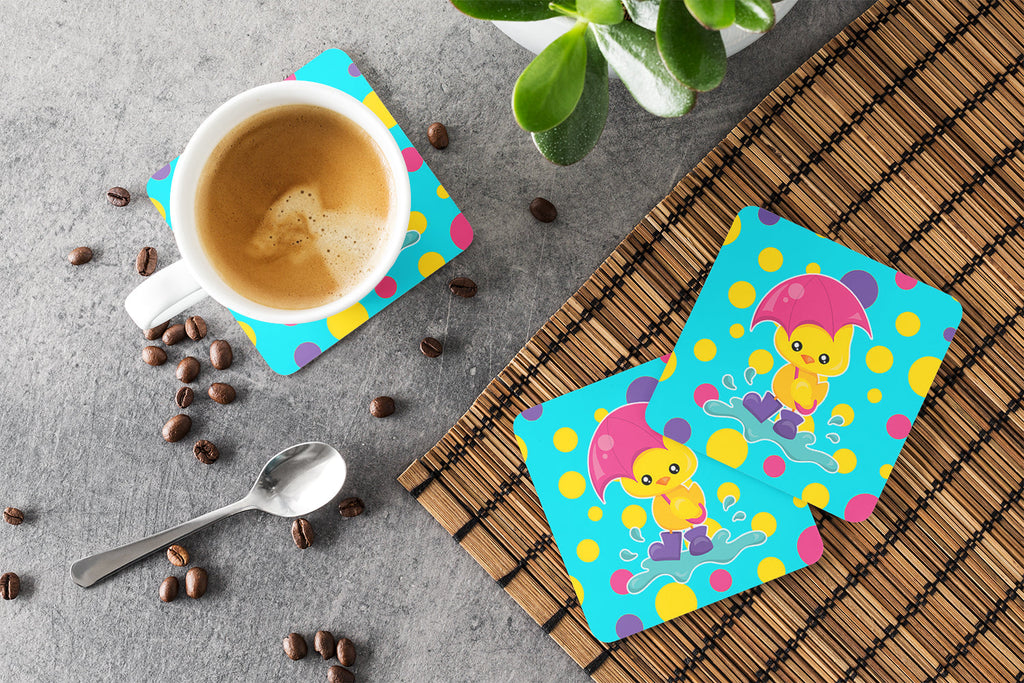 Duck in the Rain on Polkadots Foam Coasters Set of 4 Cup Coasters for Indoor Outdoor, Tabletop Protection, Anti Slip, Mouse pad Material