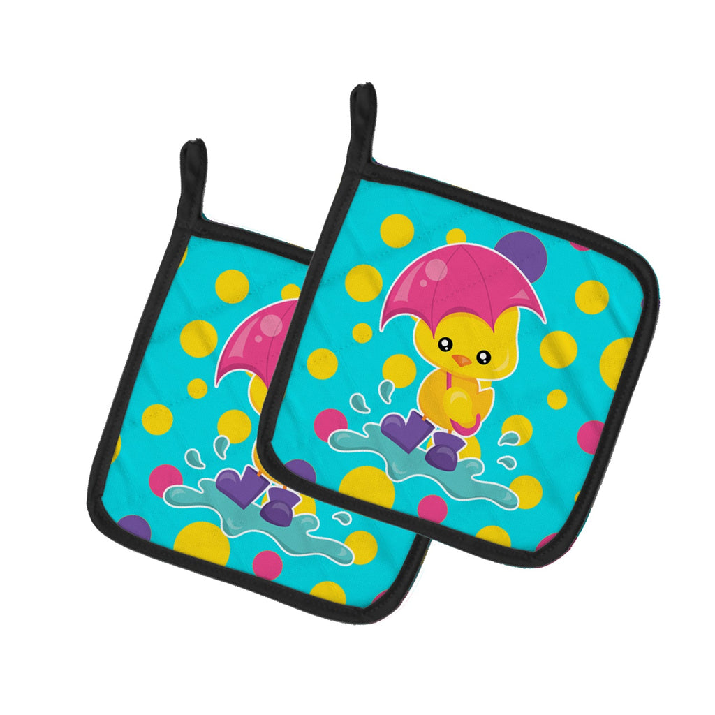 Duck in the Rain on Polkadots Pot Holder Set of 2 Heat Resistant Quilted Hot Pads 7.5 x 7.5 Inch, Insulated Kitchen Trivets for Cooking & Baking