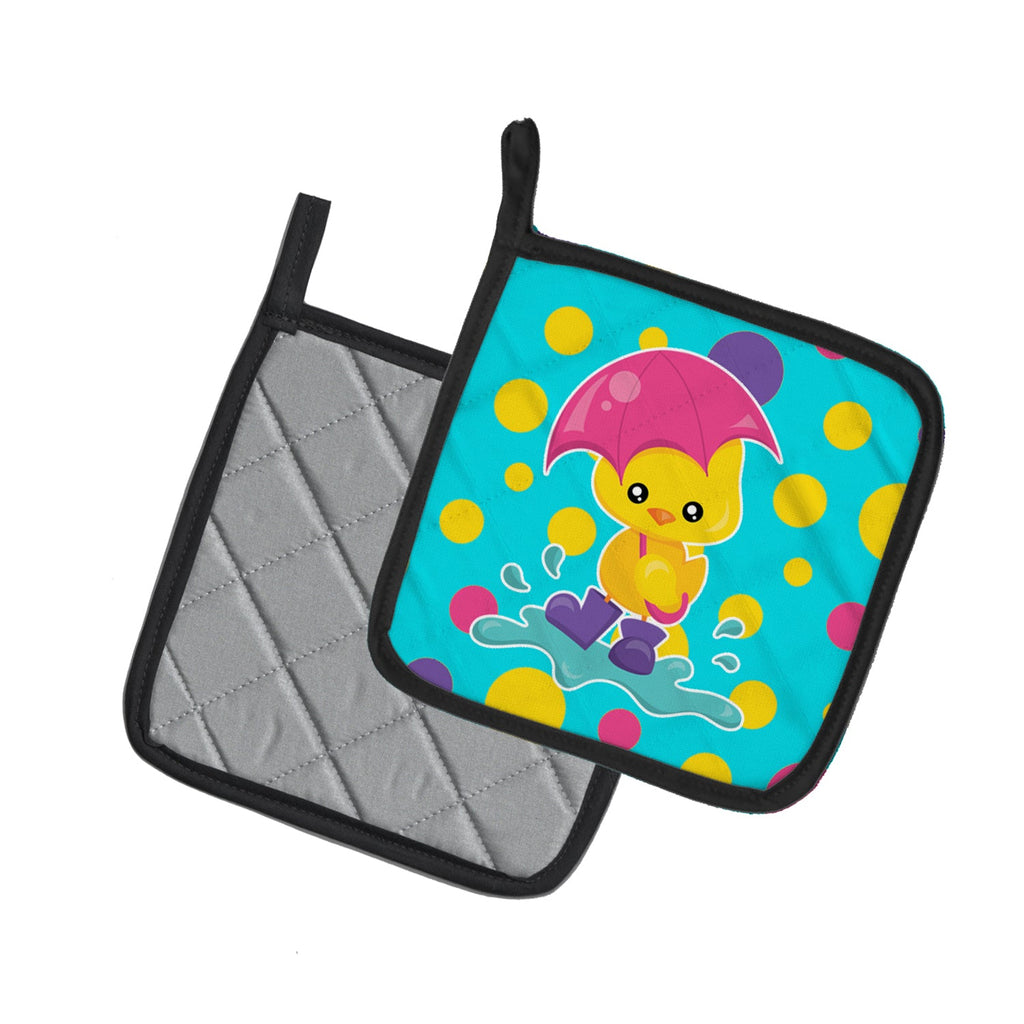 Duck in the Rain on Polkadots Pot Holder Set of 2 Heat Resistant Quilted Hot Pads 7.5 x 7.5 Inch, Insulated Kitchen Trivets for Cooking & Baking