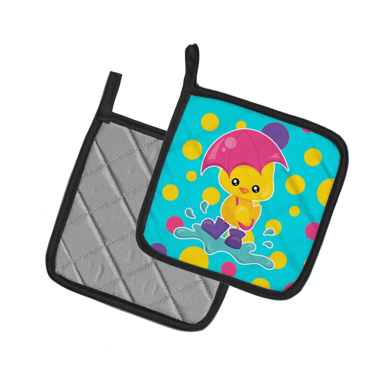 Duck in the Rain on Polkadots Pot Holder Set of 2 Heat Resistant Quilted Hot Pads 7.5 x 7.5 Inch, Insulated Kitchen Trivets for Cooking & Baking