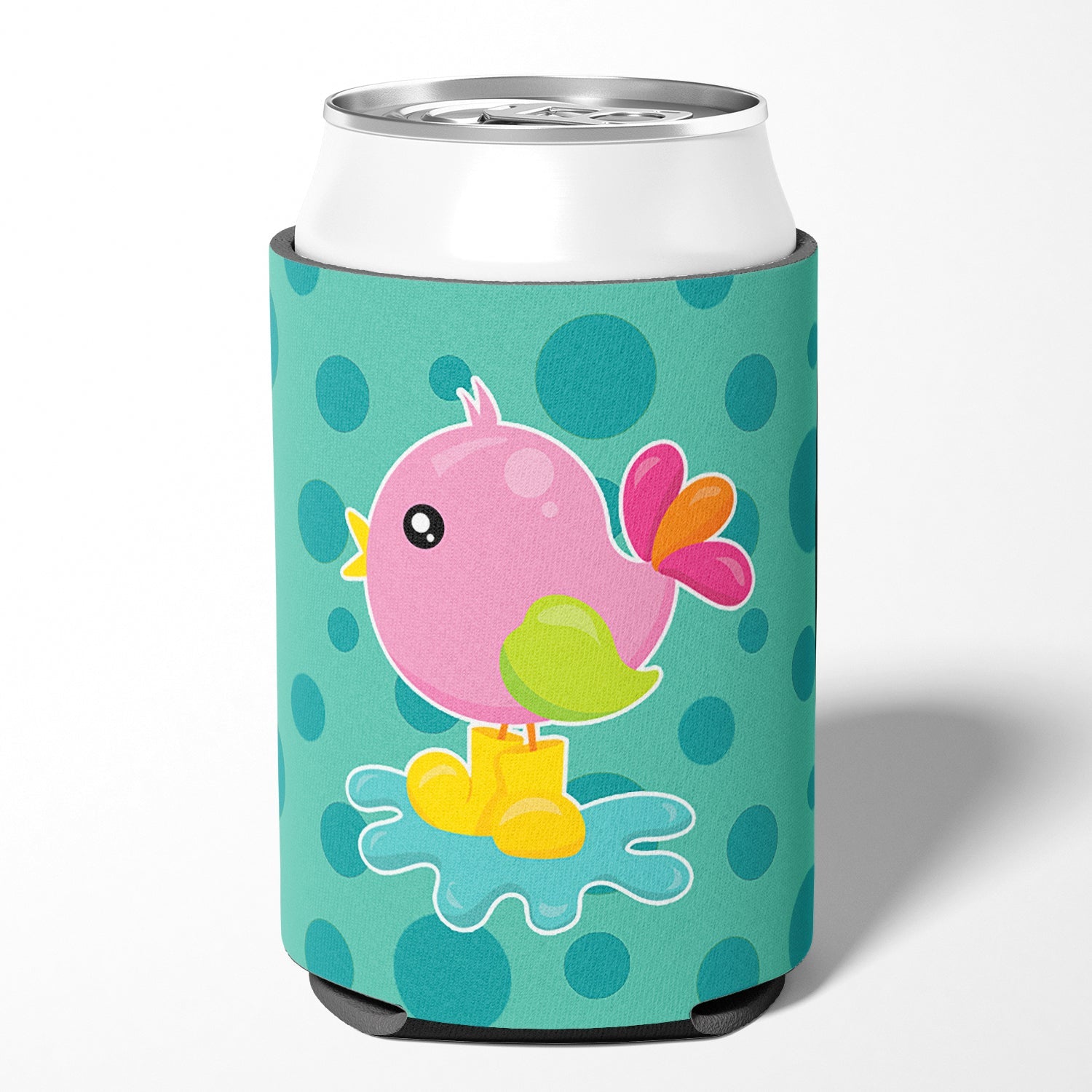 Bird in Rainboots and Puddle Can or Bottle Hugger Cooler Sleeve for Standard 12 oz Cans, Insulated Foam Beer & Soda Can Hugger Reusable