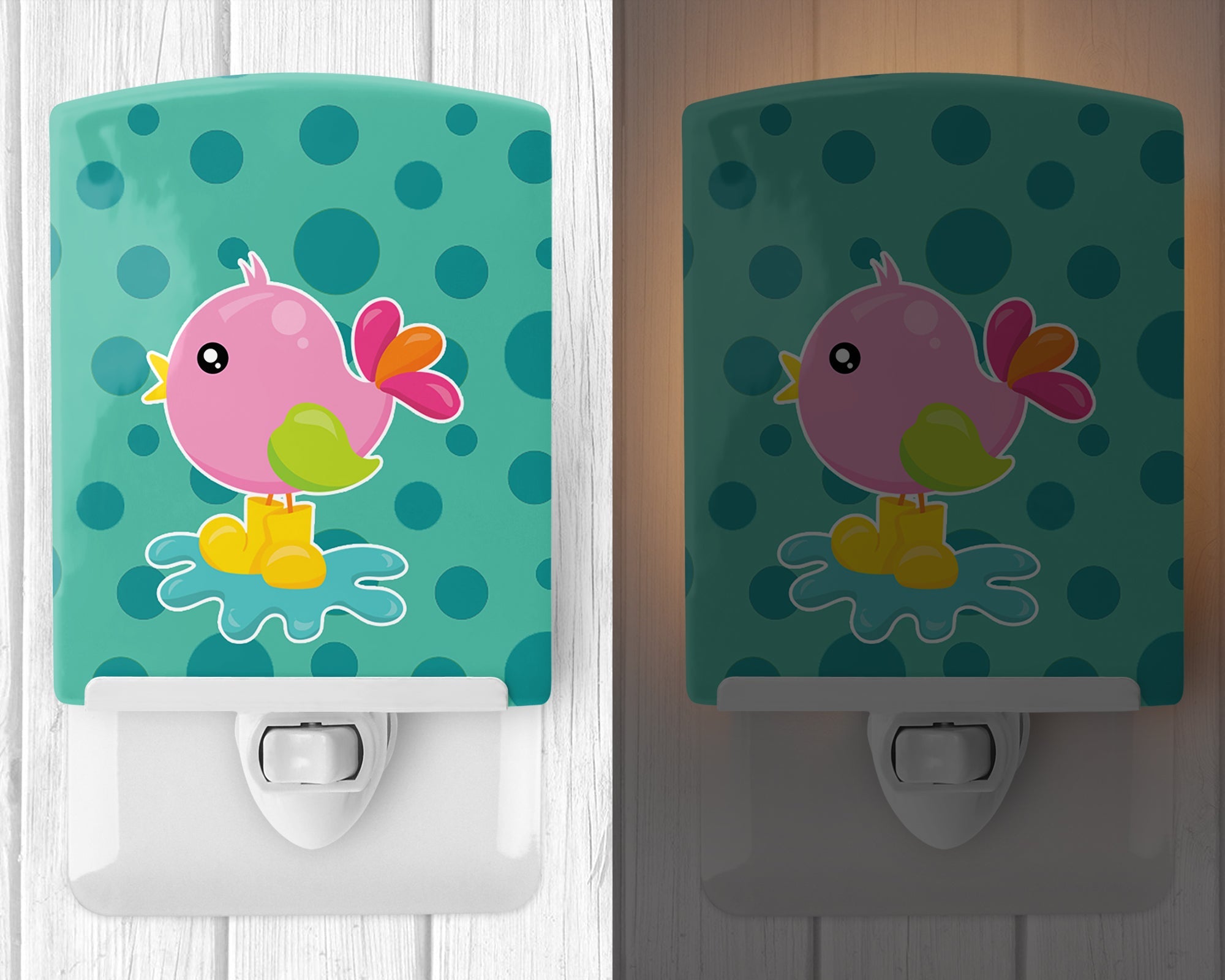 Bird in Rainboots and Puddle Ceramic Night Light Compact, UL-Certified, Ideal for Bedroom, Bathroom, Nursery, Hallway, Kitchen, 6x4x3, Multicolor