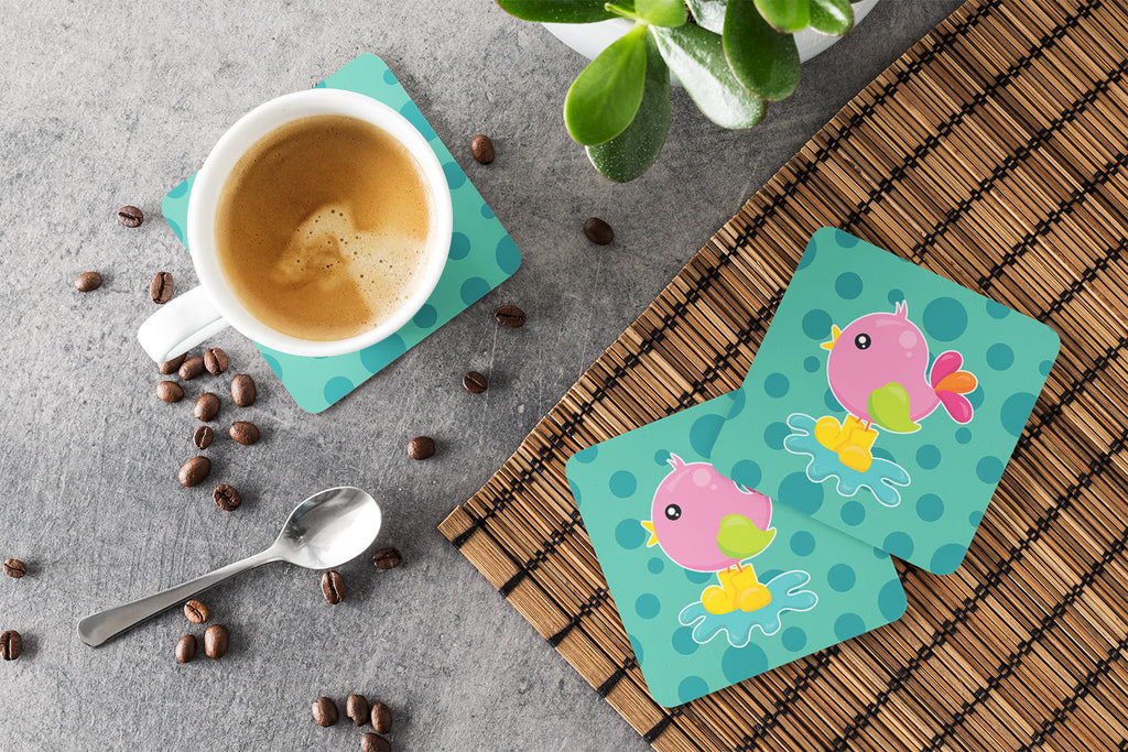 Bird in Rainboots and Puddle Foam Coasters Set of 4 Cup Coasters for Indoor Outdoor, Tabletop Protection, Anti Slip, Mouse pad Material