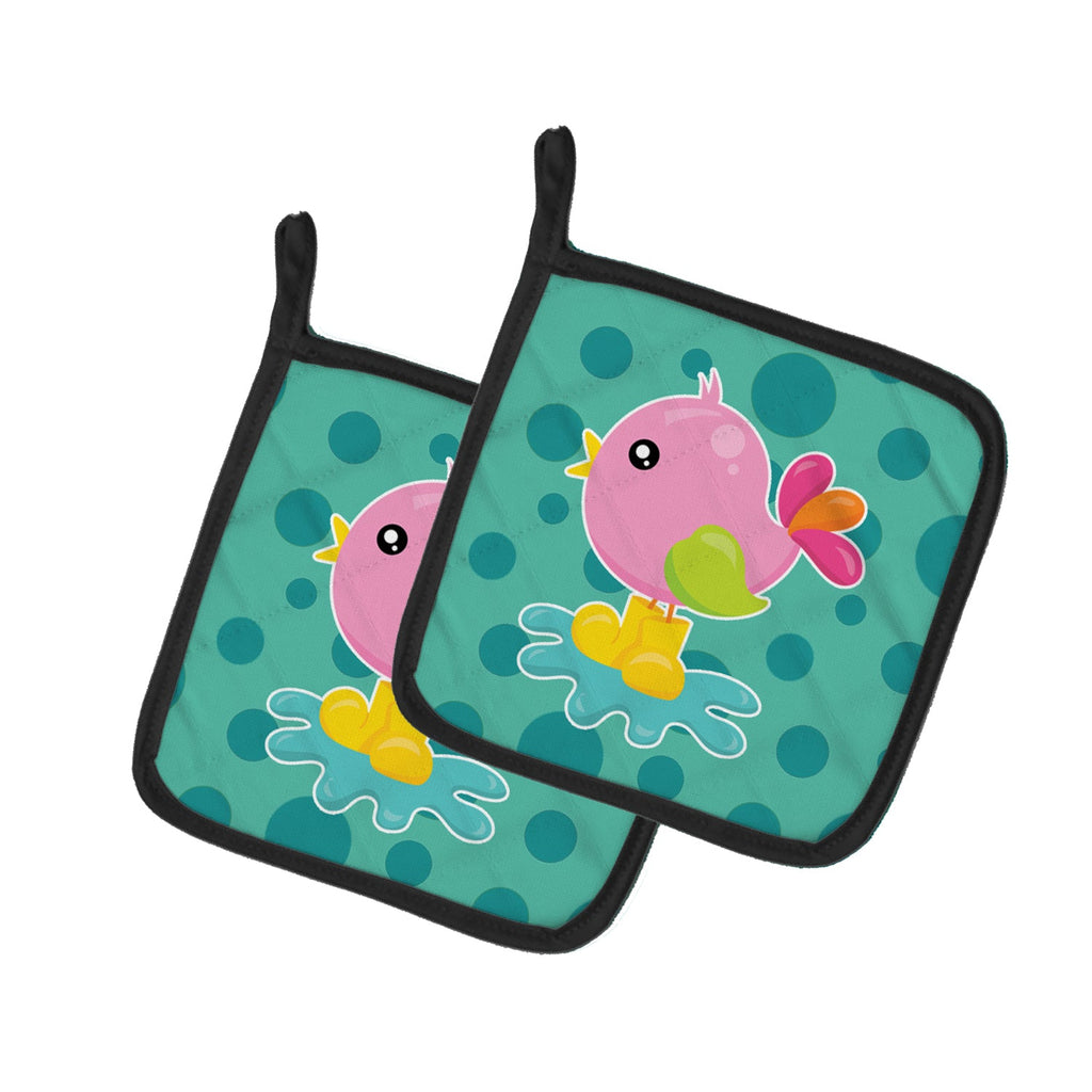 Bird in Rainboots and Puddle Pot Holder Set of 2 Heat Resistant Quilted Hot Pads 7.5 x 7.5 Inch, Insulated Kitchen Trivets for Cooking & Baking